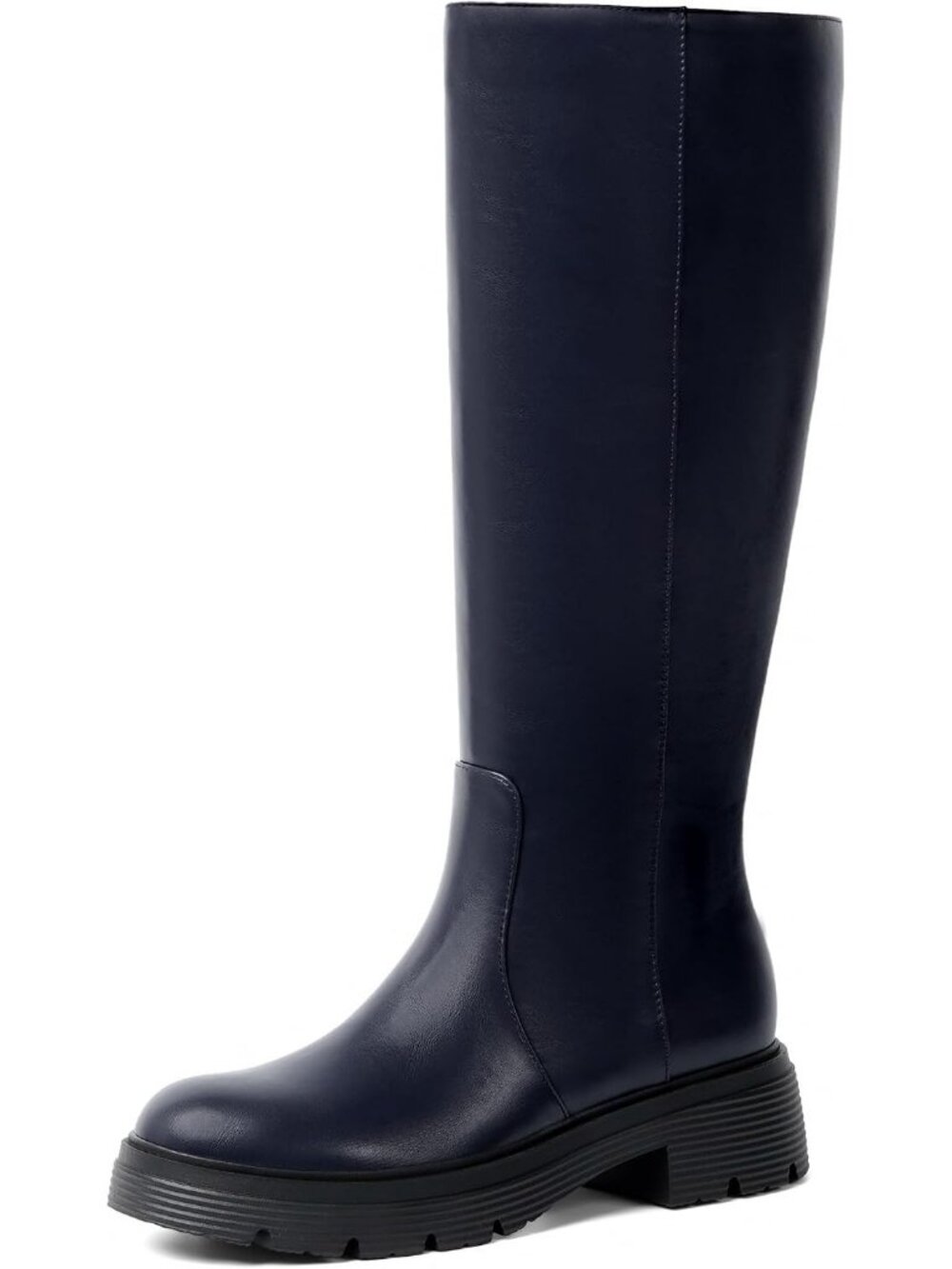 Women's Blue Vintage Retro Round Toe Pull On Chunky Block Heel Knee High Boots